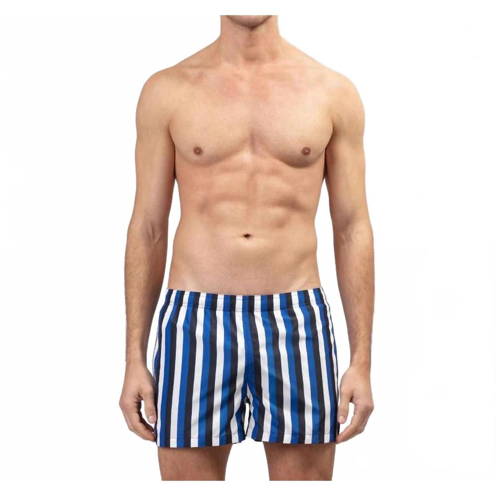 NEW RON DORFF tricolor stripe swim shorts in greek blue / navy / white